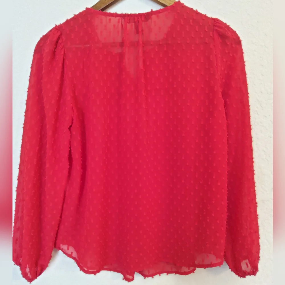 Banana Republic Pleated Clip Dot Blouse‎ Womens XXS Petite Red Sheer Puff Sleeve